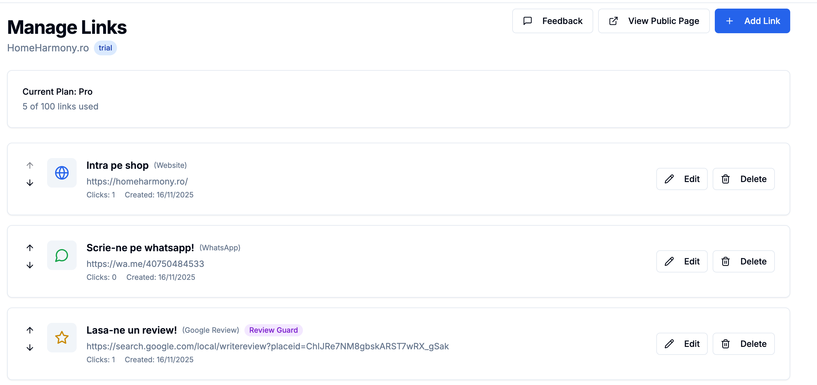 Prezentare generală a secțiunilor managerului de link-uri